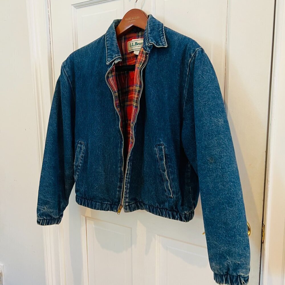 LL BEAN Insulated Flannel Lined Barn Chore Denim Harrington Jacket Coat VTG 80s - Picture 5 of 16